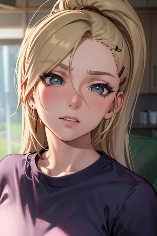 Ino Yamanaka， 32 year old adult, physical education teacher, wearing casual clothes at home, rainy day, sitting on the sofa thoughtfully, Close-up close-up, with a good number