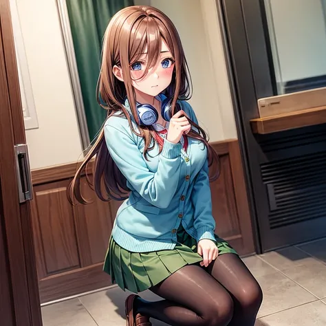 Brown-haired schoolgirl、Green skirt、light blue cardigan、Semi-long hair、Blue headphones、Black pantyhose、Brown loafers、red blush