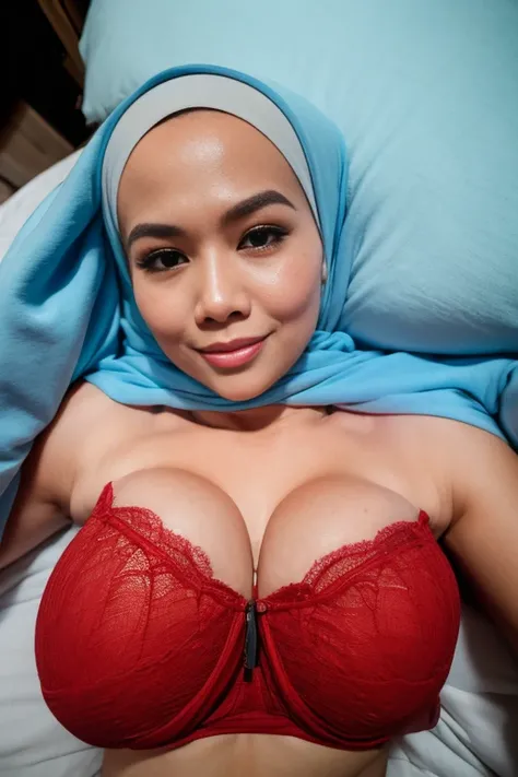 matured malay woman in hijab wear red lace bra and panties sleeping in bed portrait photography, lying in bed naked, mid shot photo, ultra detail, professional photograph with professional lighting, smile, light blue bed, bedroom, sexy seducing sleep pose,...