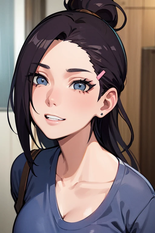 Ino Yamanaka， 32 years old adult, wearing casual clothes at home, rainy day, welcoming you to her home, happy, Close-up close-up, with a good number