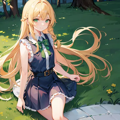 Blonde Girl, 7 years old,small body;;, green eyes, long-haired,Green braid tied in bows left and right.,, Wear a blue sleeveless shirt......button up.  White short skirt, walking on grass.With a man....With a slightly smiling face...........