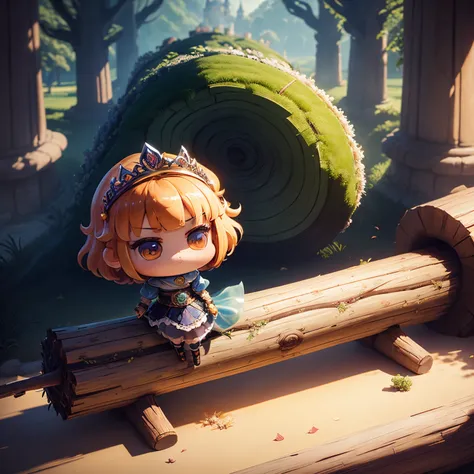 ​masterpiece、top-quality、ultra-detailliert、(Chibi Chara Princess:1.2)、floral cut and sew、Luxurious tiara、(holding a huge long log:1.3)、In front of the fairy tale castle