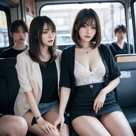 1 beautiful woman, 40 years old, Brunette Bob Cut Hair, hyperdetailed face、Detailed lips、A detailed eye、(medium breasts:1.3), 二重まぶた, Short-sleeved blouse, ((micromini skirt)),  cleavage, ((panties on))、(thighs thighs thighs thighs), Sitting on the bus、8K, ...