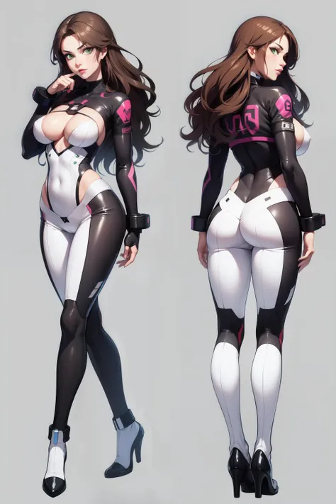 (masterpiece), (best quality), same girl posing in 2 different poses,(perfect face), long wavy brown hair, green eyes, wearing a cyber white suit with leather details, medium boobs, dramatical pose, slim body, (transparent background), (touching the ass), ...