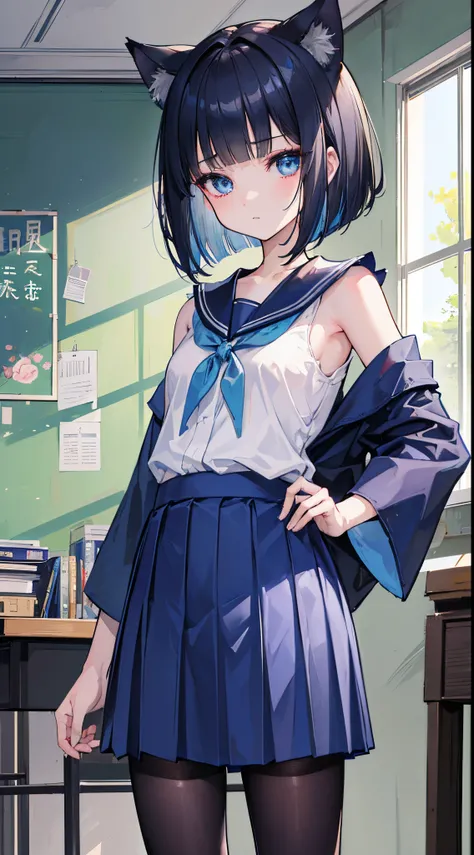 (8K、Top image quality、top-quality、​masterpiece)、A detailed face、1 loli、A dark-haired、bob cut、blunt bangs、cat ear、light blue  eyes、deadpan、Smaller chest、serafuku、Blue kimono、Mini pleated skirt in dark blue、black pantyhose、cowboy  shot、Classroom Background