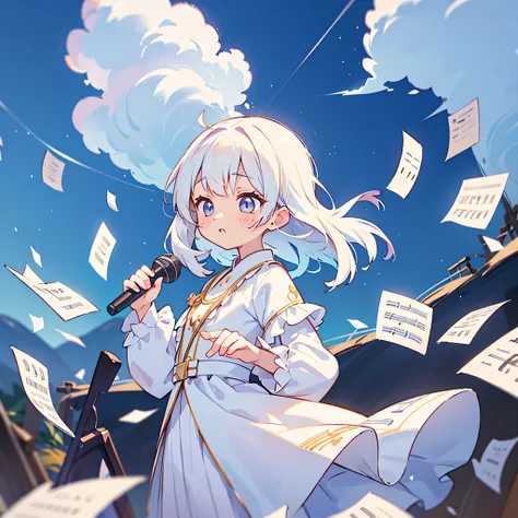 wallpaper,dynamic angle,dynamic lighting,depth of field, cinematic lighting, sparkle, glowing light, 8k, 1girl, kawaii, white hair, flowy hair, white glowing crystal eyes, silky white clothes, on a cloud, papers of music sheets, ((floating papers of music ...