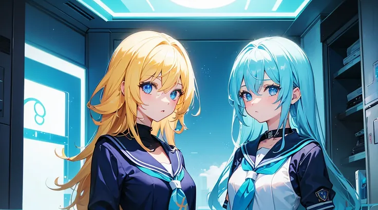 (2 girls, blonde hair, blue eyes, sailor suit), (blue cyberpunk room, blue neon)