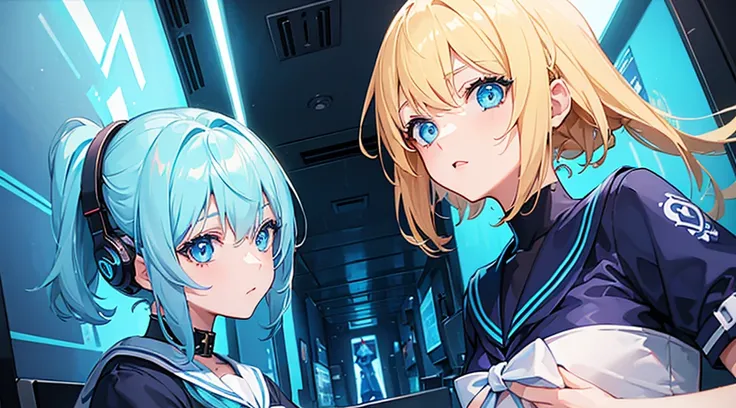 (2 girls, blonde hair, blue eyes, sailor suit), (blue cyberpunk room, blue neon)