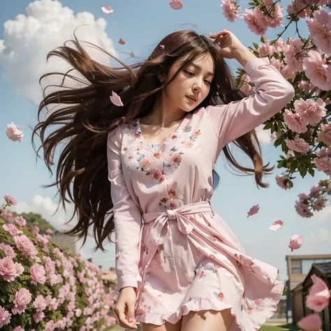 Woman anime beautiful wind flowrs in the air pink petals