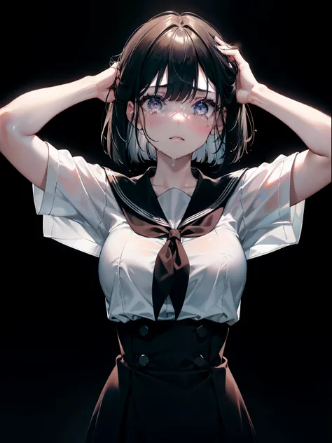 (Obra maestra, La mejor calidad, ultrahigh resolution), 1girl, school uniform, black hair, bob cut, pale skin, hazel eyes, glowing_eyes, neon eyes, ultra detailed eyes, beautiful and detailed face, detailed eyes, ((centered)), (tears), ((wide shot)), facin...