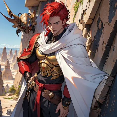 ((​masterpiece)), ((Best Quality)), 4k, Very detailed, 1 person(((waist up))), Background with:ancient cappadocia desert, Handsome man with red hair and pomade hair, armature((beetle)), ((Guyver Style)), ((White Cloak))