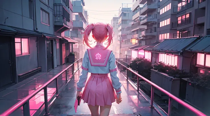 (back view of girl, pink hair, sailor suit, holding hands) , (pink cyberpunk building rooftop, pink neon)