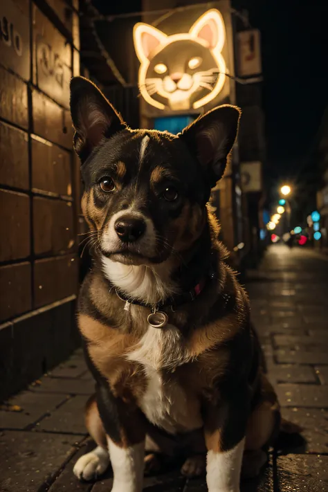 retrato, filhote de cachorro de gato bonito usando roupas de ovelha, Pouca luz, mal-humorado, in a city at night neon 8k