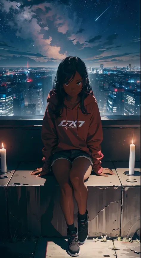 octane, sky, star (sky), scenery, starry sky, night, 1 black girl, night sky, solo, outdoors, building, cloud, milky way, sitting, candles , long hair, city, silhouette, wearing a red hoodie and jean shorts, cityscape view from above