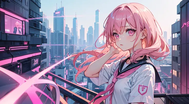 (1girl, pink eyes, pink hair, sailor suit) , (pink cyberpunk building rooftop, pink neon)