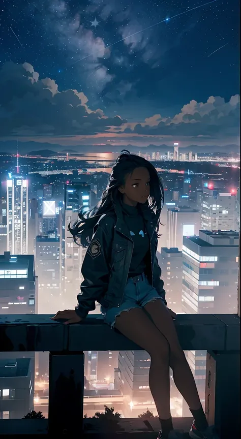 octane, sky, star (sky), scenery, starry sky, night, 1 black girl, night sky, solo, outdoors, building, cloud, milky way, sitting, candles , long hair, city, hourglass figure, silhouette, wearing a jacket and jean shorts, cityscape view from above