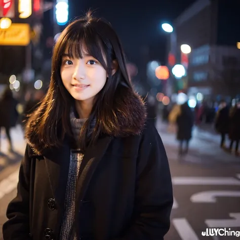 An ultra-high picture quality、Perfect Photo、16-year-old beautiful girl in Japan、wear a black duffel coat、early evening、