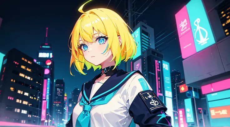 (neon colors), (1 girl, blonde hair, blue eyes, sailor suit), (blue cyberpunk city, blue neon)