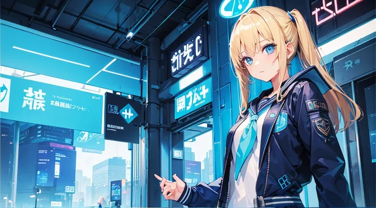 (1 girl, blonde hair, blue eyes, sailor suit), (blue cyberpunk city, blue neon)