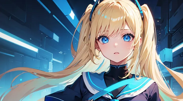 (1 girl, blonde hair, blue eyes, sailor suit), (blue cyberpunk city, blue neon)