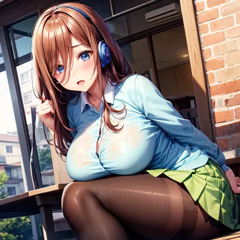 Schoolgirl with brown hair、Green skirt、light blue cardigan、(Blue headphones)、Semi-long hair、Black sheer pantyhose、sheer stockings、vagina、、(no panties)、(Wet)、red blush、Solo、(See-through)、tea shop、Terrace seating、(pussy juice)