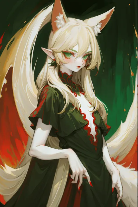 upper body standing painting, sweetheart, solo, pale-skinned, (fox ears), green-eyed, red eyeshadow, red lips, black magic dress...