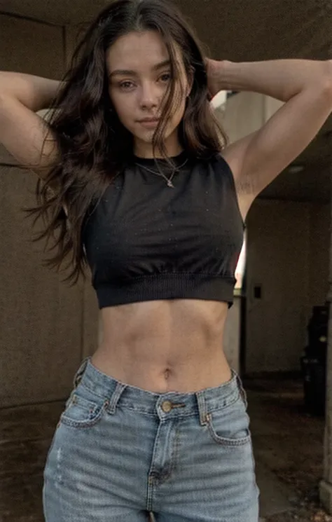 Una mujer con un top negro y jeans rotos posando para una foto., Llevar un sexy top recortado, Kailee Mandel, Hermoso midriff, pose casual, she is about 1 6 years old, Llevar un tops recortado, 19 year old girl, 1 6 years, 18 years old, con el pelo largo, ...