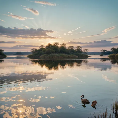 In the soft hues of a marshland sunrise, the tranquil scene unfolds with the gentle stirrings of awakening wildlife. Delicate reeds sway in the early morning breeze, their reflection dancing on the calm, glass-like surface of the water. A photograph captur...