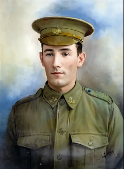arafed photo of a man in a military uniform posing for a picture, portrait of a soldier, colourised, colourized, coloured photo, aged 2 5, ww 1, ww1, close portrait, colour portrait photograph, portrait n - 9, portrait close - up, in a soldier uniform, tak...