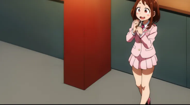 ochaco_uraraka, 1girl, solo, pink skirt suit, necktie, blush_stickers, pink pencil skirt, open_mouth, looking_at_viewer, smile, pink blazer, :d, long_sleeves, teeth, shirt, white_shirt, blush, cowboy_shot, standing, indoors, office, full_body, high_heels