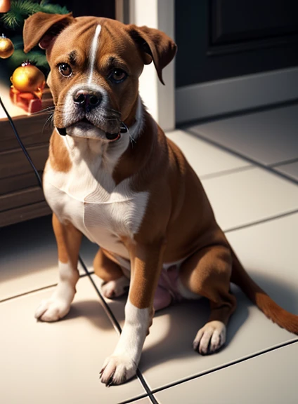 Boxer dog sitting on the floor next to the Christmas tree with Christmas lights in the background!!!! Cachorro macho filhote!!! With delicate features male and cub, cor marrom claro com detalhes brancos na pata, Neck strap, peito e ponta da calda. (( Brown...