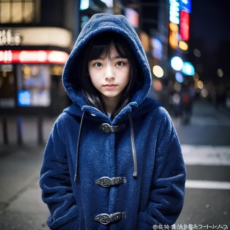 An ultra-high picture quality、Perfect Photo、Japanese 18 year old beautiful girl、Wearing a dark blue duffel coat、early evening、stare、Bun hair、Wearing a hood