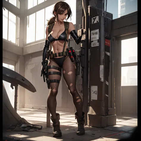 (masterpiece, best quality:1.2), quiet (metal gear), 1girl, pantyhose, torn pantyhose, solo, torn clothes, suspenders, front-tie...