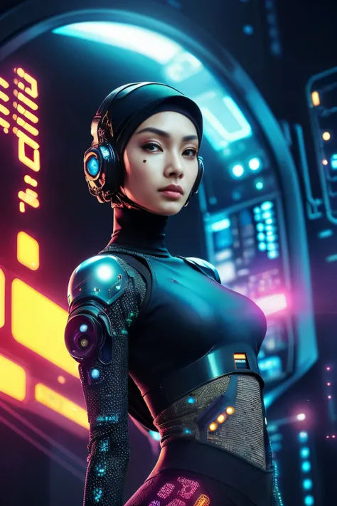 beautiful cyberpunk malay girl in hijab wearing a futuristic head mounted display,  (finely detailed skin), pale skin, (in a deep neckline highly detailed sexy futuristic cyberpunk black crop top and underpants made of circuit boards, cybernetics, japanese...