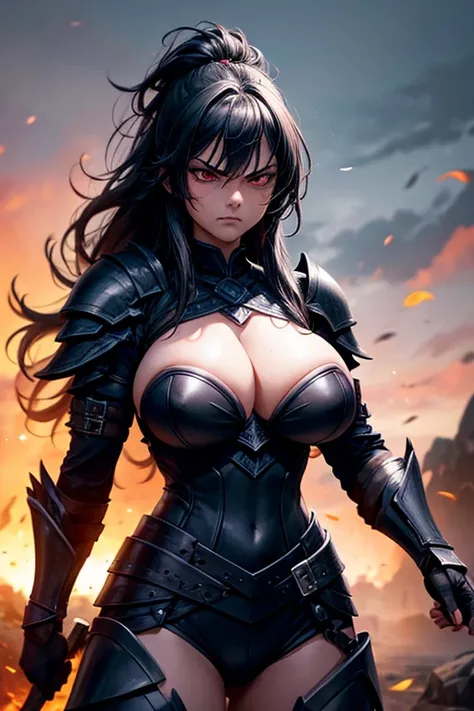 warrior, dark, black armor, big black hair, angry, girl, adult, big breasts