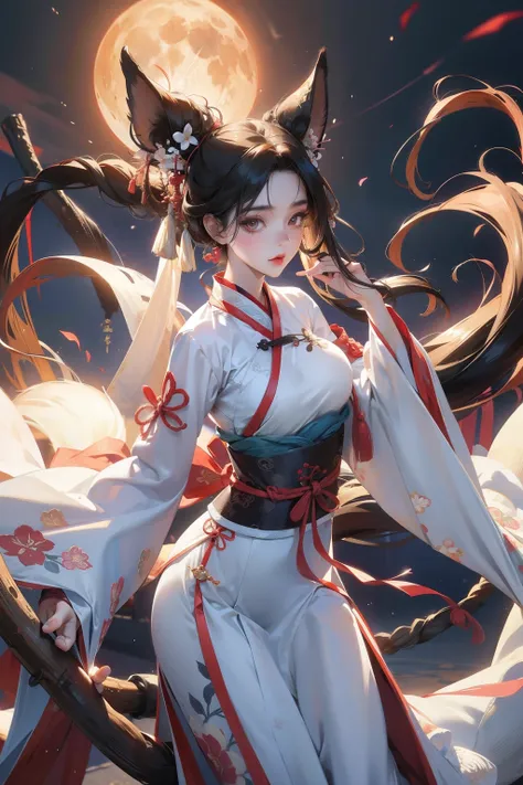 1个giant breast girl,hanfu,florals,tmasterpiece,best quality at best,ultra - detailed,nine tail fox,black hair,white  clothes,eau...