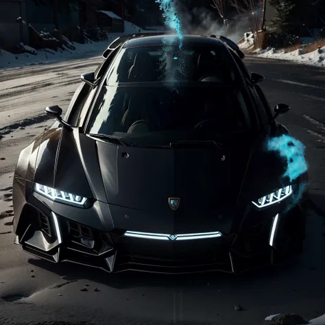 Realistic 8k Full HD image, give me a super powerful car that has not yet been invented, the car is black with blue details, it is from the brand Lamborghini, the landscape has to be a mountain full of snow, it has to be snowing