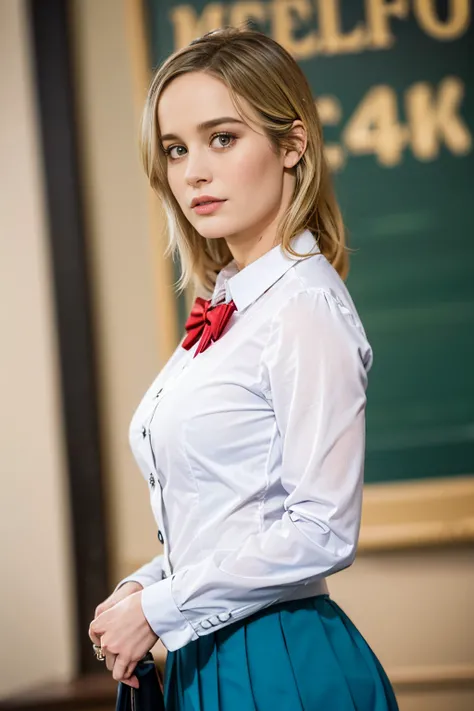 Masterpiece, ultra detailed, best quality, 8k, intrincates textureeautiful Brie larson in school uniform, perfect body)