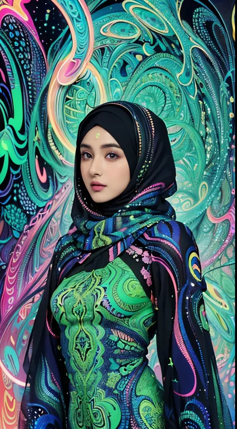 hijabi, (masterpiece, top quality, best quality, official art, beautiful and aesthetic:1.2), (1girl:1.3), extremely detailed,(fractal art:1.2),colorful,highest detailed,( zentangle neon:1.2), (dynamic pose), (abstract background neon:1.5), (traditional dre...