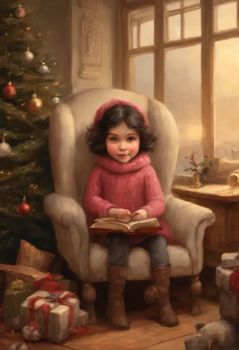 真实感, fairytale, Christmas style, Fantastic tale, John Tolkien style, Small painting by Jean-Baptiste Monge, Portrait of a Young Woman (Kid style), sitting in a chair in a Christmas cap near the New Year tree, Soft facial features, woman with short dark hai...