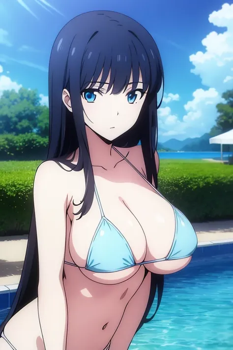 (masterpiece, best quality, high resolution, anime colored, 8k, photorealistic), Miyuki, 1girl, black hair, long hair, blue eyes, (large breast, cleavage), (white micro bikini), slim, (upper body:1.5), pool, blue sky, sunlight, (perfect detailed anatomy, p...