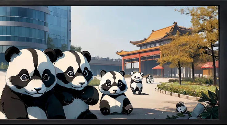 Mecha Panda, Beijing Wangjing Machinery Panda, Wide scene, natural background, There are many small kittens below, Highlight the subject, broad frame, Super broad field of view, Panda head  smaller, Resort core landmark, The subject takes up one-fifth of t...