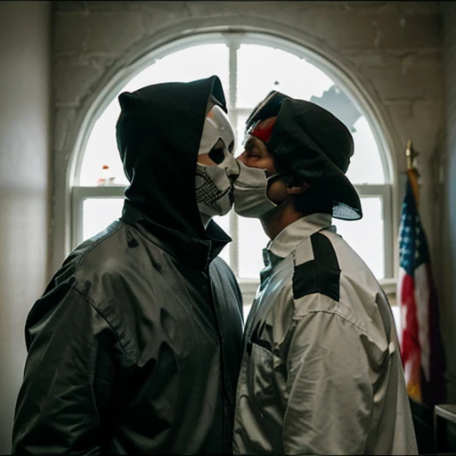 Fish eye image of ghostface and Michael myers kissing with masks on