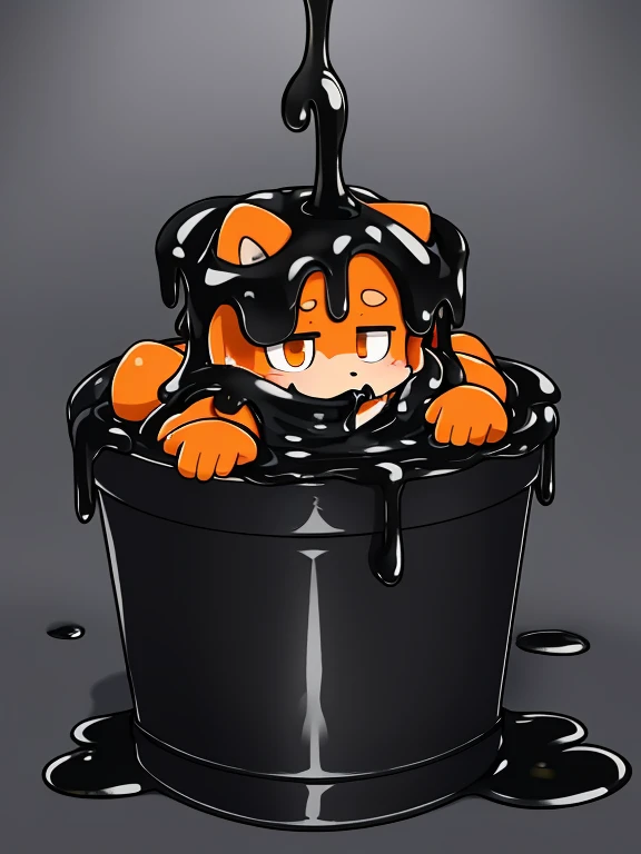 A male light orange cub，Only the head  exposed in a bucket filled with black slime，Covered with mucus，slimes，light orange cuollars，Covered with mucus，sink into（（full of black goo）），Kneeling，Take a bucket of black slime and pour it on your face