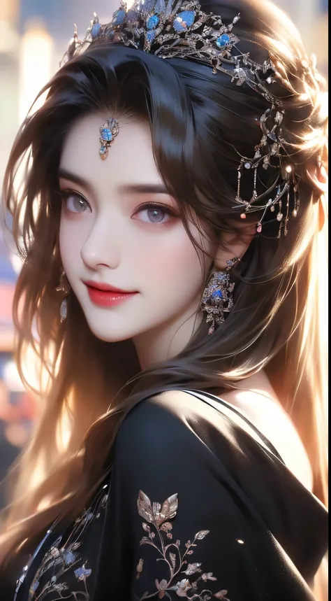 ((Best quality, 8k, Masterpiece :1.3)), 1girl, smiling, full body, slim face, Pretty woman, (Dark brown hair), full length dress :1.1, Ultra-detailed face, Detailed eyes, Double eyelid, blur background, slim face, city, outside, street,