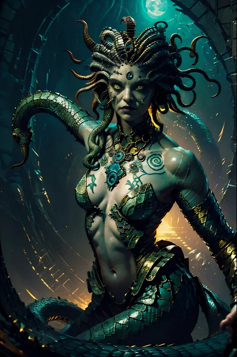 evil, Gothic art, chiaroscuro, tachi-e, projected inset, dutch angle, emphasis lines, masterpiece, ccurate, anatomically correct, highres, best quality, super detail, award winning，D14bl0 style(Medusa),(Gorgona)， (4 arms),  ((Hair composed of countless sma...