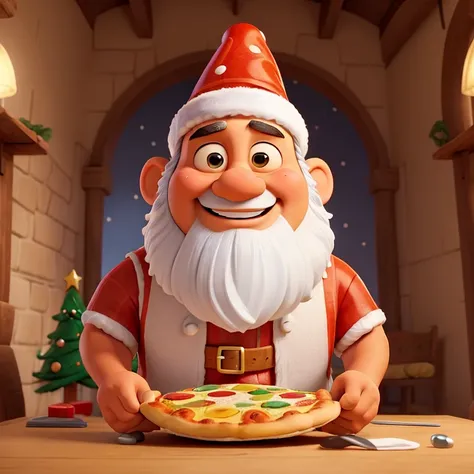 Obra de melhor qualidade, Papai Noel entregador de pizza, usando roupa de papai Noel, with hat on head, barba branca, barrigudo, segurando uma caixa de pizza preta, sorrindo, waving one hand, imagem de alta qualidade, estilo Disney Pixar cartoon, 4k