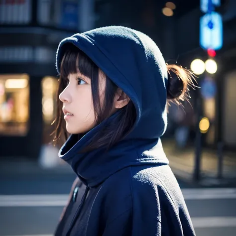 An ultra-high picture quality、Perfect Photo、20 year old beautiful girl in Japan、Wearing a dark blue duffel coat、early evening、stare、Bun hair、Wearing a hood、profile、Slightly open mouth、