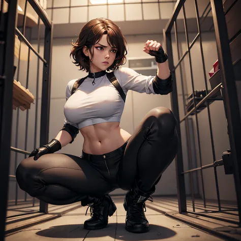 masterpiece, best quality, black pants, white tight shirt with a midriff cutout, looking  in love at viewer, wavy hair, brown hair, short hair, age 22, high legs, boots, gloves, secret spy, muscular, tied up, humiliated, caged, electroshock cage, no escape...