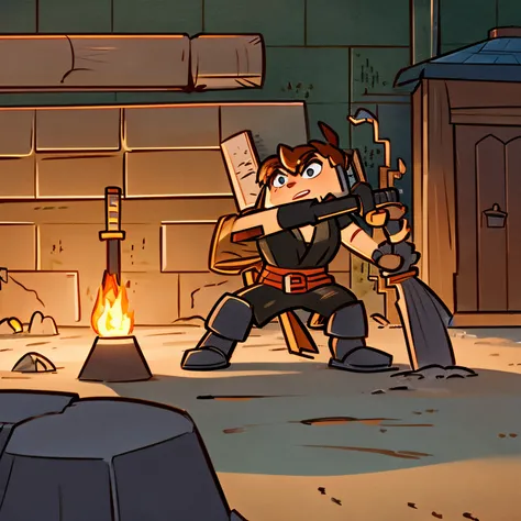 A blocky character like minecraft，Holding a forging hammer in the right hand，Banging the sword on the forging platform in front of him，closeup cleavage，In the background  a blacksmith shop illuminated by firelight